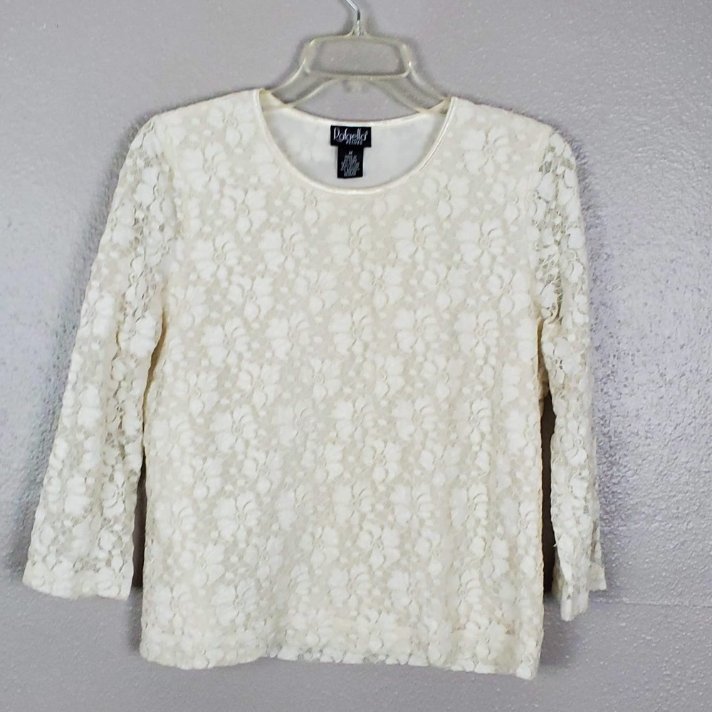 Rafaella Petites Women's Beige Lace Lined 3/4 Sleeve Blouse M Office Church